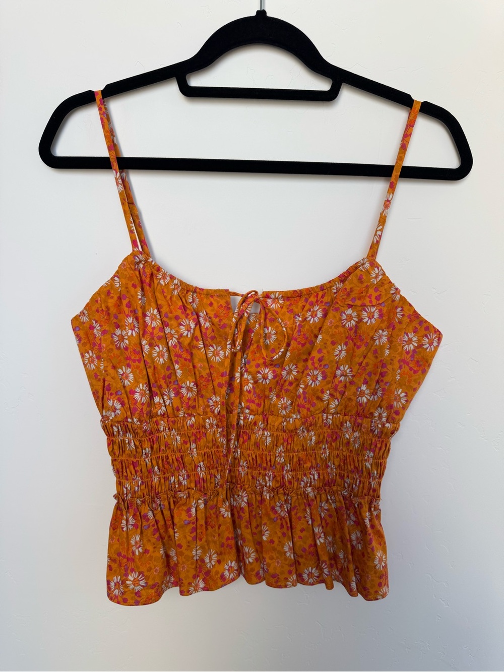 Wayf Orange Floral Smocked Tie-Front Cami